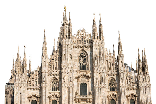 Facade of the Duomo di Milano isolated on white background (Milan Cathedral 1418-1577). Church, monument symbol of Lombardy, Italy, Europe