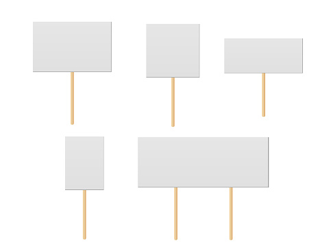 Banner mock up on wood stick collection. Protest placards, public transparency with wooden holders. Campaign boards with sticks.  Politic strike boards realistic vector holding public broadsheet template