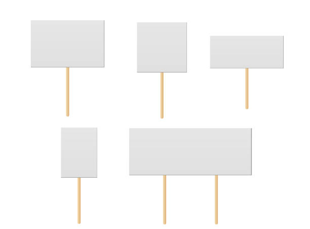 Web Banner mock up on wood stick collection. Protest placards, public transparency with wooden holders. Campaign boards with sticks.  Politic strike boards realistic vector holding public broadsheet template strike protest action stock illustrations
