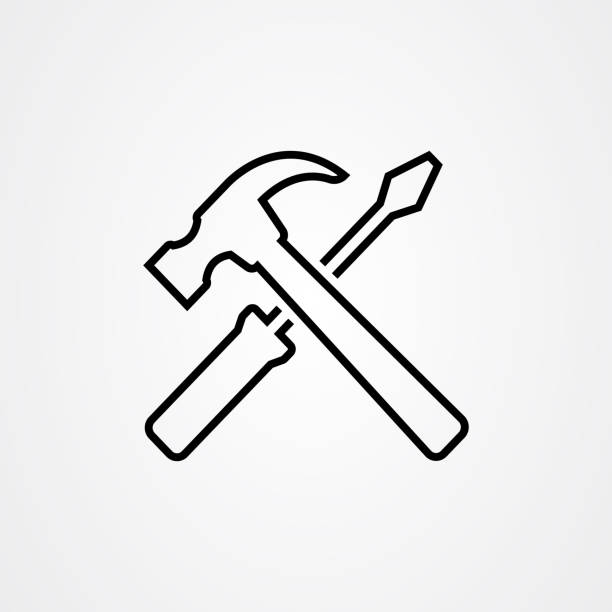 молоток и отвертка значок вектор в стиле контура - hammer stock illustrations