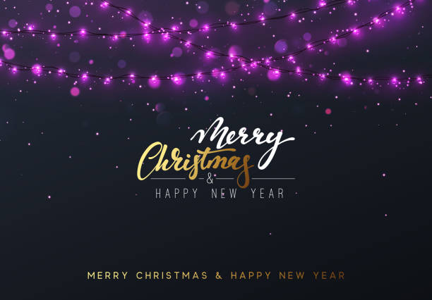 Christmas background with bright realistic garlands. Christmas background with bright realistic garlands. Christmas glowing lights. Xmas Holiday. Greeting cards design purple christmas lights stock illustrations