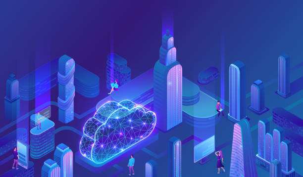 ilustrações de stock, clip art, desenhos animados e ícones de cloud computing concept, server, smartphone, modem, tablet connected in neural network, isometric vector technolodgy background, modern blue design - nerve cell illustrations