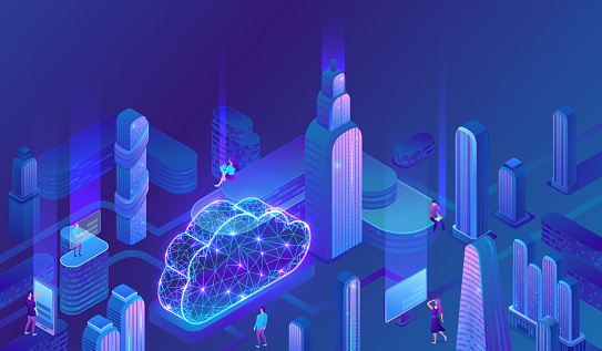 Cloud computing concept, server, smartphone, modem, tablet connected in neural network, isometric vector technolodgy background, modern blue design