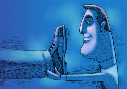 digital painting / raster illustration of businessman holding boss leg