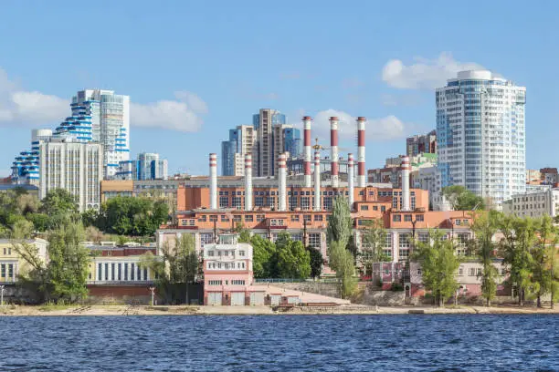 View of power plants and houses in Samara from the river, Russia