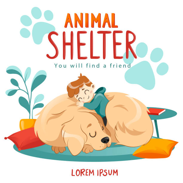 ilustraciones, imágenes clip art, dibujos animados e iconos de stock de cartel de diseño de refugio de animales con niños, perros y decoraciones. la ilustración muestra la adopción de animales, cuidado, ayuda para personas sin hogar. estilo plano. ilustración vectorial. - vet dog teenager puppy