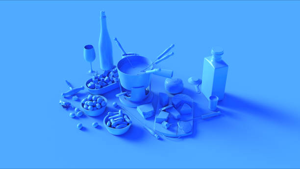 blue fondue set pot wine an glass bottle with a cork and wine glasses cheese an bread gold knife and fork bowl of olives - wine bottle fork wine cork photos et images de collection
