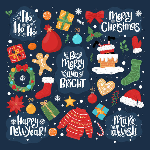 ilustraciones, imágenes clip art, dibujos animados e iconos de stock de conjunto de elementos de navidad y año nuevo. - mistletoe christmas christmas decoration christmas ornament