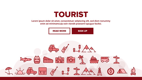 Tourism And Travel Around World Landing Web Page Header Banner Template Vector. Traveling To Different Countries, Islands. Hiking, camping, cruise and road trip. Tourist Adventures Illustration