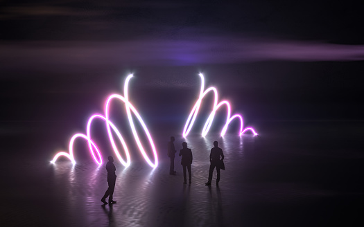 neon light abstraction with people (3d models)  - 3d rendering illustration