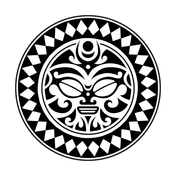 Round tattoo ornament maori style Round tattoo ornament maori style with sun face polynesian shoulder tattoo designs stock illustrations