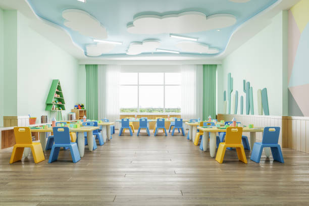 Preschool Classroom Interior of a modern empty kindergarten. preschool building stock pictures, royalty-free photos & images