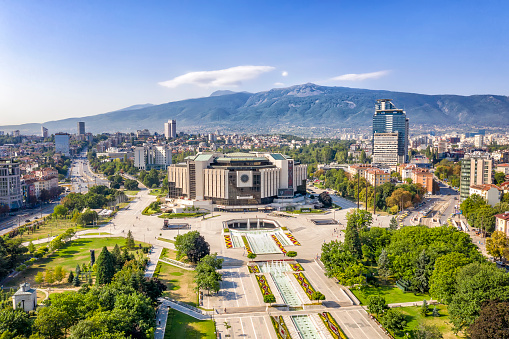 Sofia, Bulgaria - August 22, 2019: Amazing aerial view of National Palace of Culture in the city of Sofia,  capital of Bulgaria