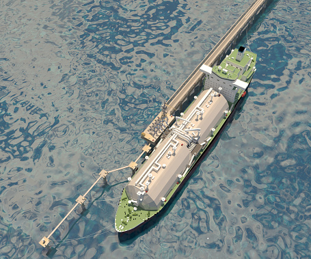 Berth with Tanker Ship and Loading arms. 3D-rendering.