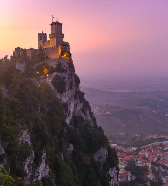 Guaita fortress or Prima Torre on the ridge of Mount Titano, in the city of San Marino of the Republic of San Marino at sunset