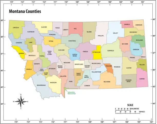 Vector illustration of montana state outline administrative and political map in color