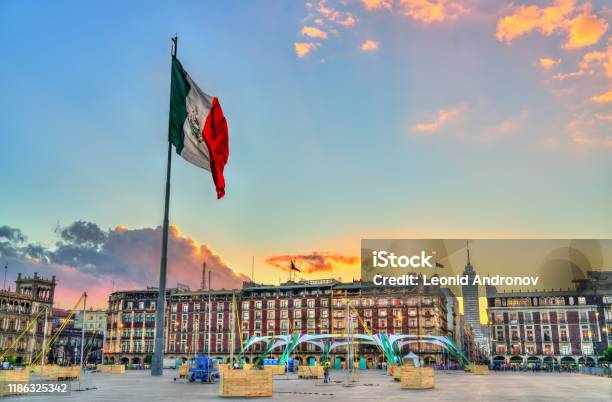 Flagpole On Constitution Square In Mexico City Stock Photo - Download Image Now - Mexico, Parliament Building, Constitucion