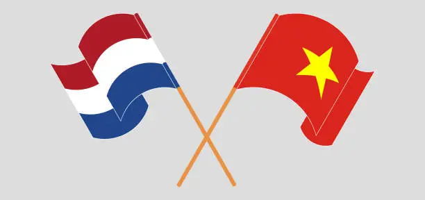 Vector illustration of Crossed and waving flags of Vietnam and Netherlands