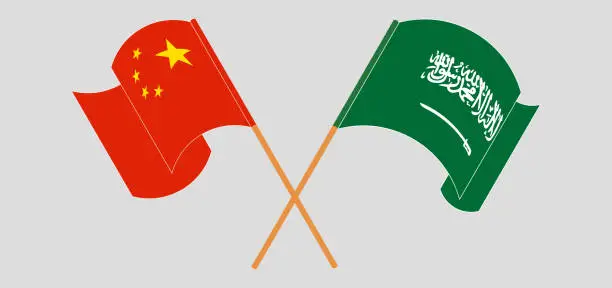 Vector illustration of Crossed and waving flags of Kingdom of Saudi Arabia and China