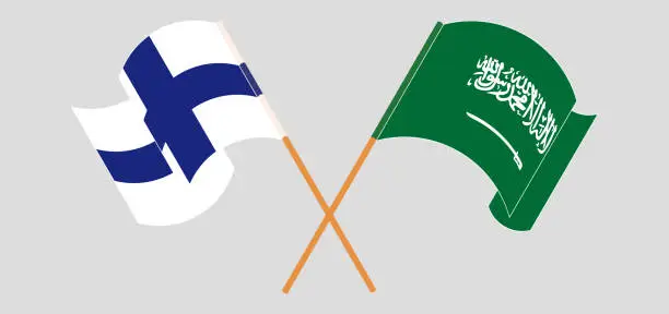 Vector illustration of Crossed and waving flags of the Kingdom of Saudi Arabia and Finland