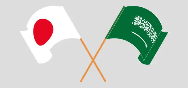 Vector illustration of Crossed and waving flags of the Kingdom of Saudi Arabia and Japan