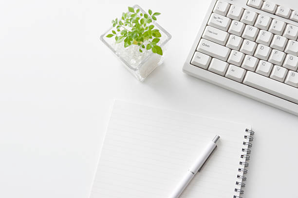 istock Clean keyboard surrounded by stationary and a plant pot 118632647