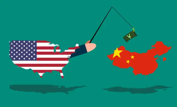 Vector illustration of USA dangling a carrot above China concept, stock - Illustration