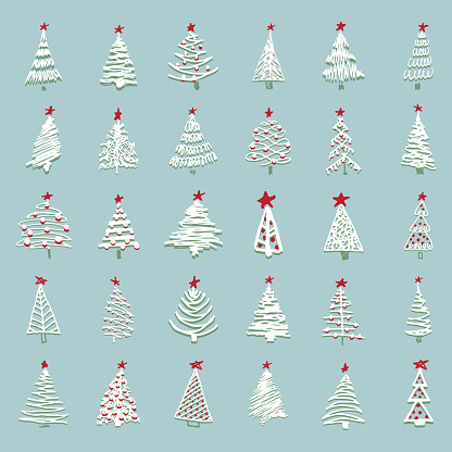 Modern sketch set with trendy stylized christmas tree Isolated on background for winter holiday decoration design. Snowy forest. Vintage style, flat color Abstract concept graphic Vector illustration