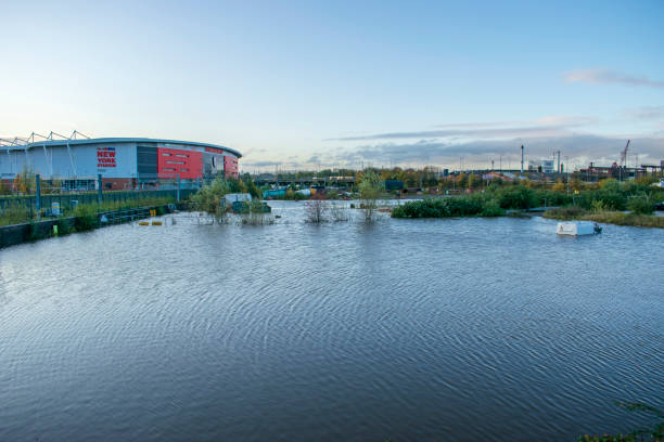 River Don Floods, Aesseal New York Stadium, and Car Parks, taken from Main Street, Rotherham, South Yorkshire. 8,20am 8th Nov. 2019 stock photo