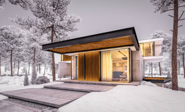 istock 3d rendering of modern house on the hill with pool in winter evening 1186336537