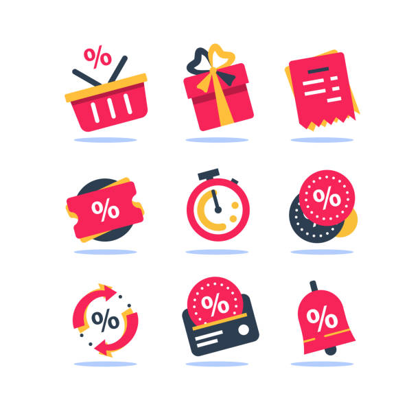 Loyalty program icon set, earn bonus points, discount coupon, limited time period, cash back Loyalty card, incentive program vector icon set, earn bonus points for purchase, discount coupon, limited time period, cash back, redeem gift, grocery basket and stopwatch, cheap offer, save money discount store illustrations stock illustrations