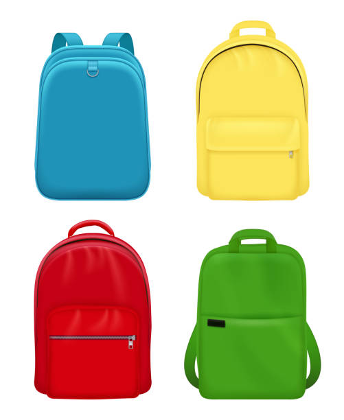 Backpack realistic. School bag personal leather travel luggage vector mockup objects Backpack realistic. School bag personal leather travel luggage vector mockup objects. Illustration school backpack, bag and luggage backpack illustrations stock illustrations
