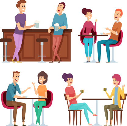 Friends meeting. Happy group people relaxing in cafe restaurant bar meeting sitting and smiling friends vector characters. Group people friend sitting in pub illustration