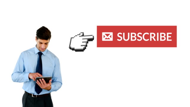 Subscribe button with a pointing hand on social media 4k