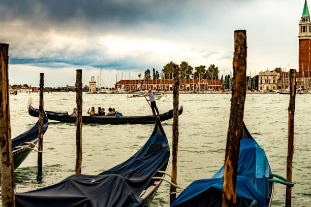 This is a wide angle image of the Gondola stations at San Marco Square in Venice, Italy.