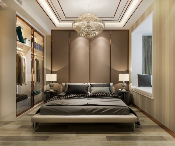 istock 3d rendering luxury modern bedroom suite in hotel with wardrobe and walk in closet 1186344253