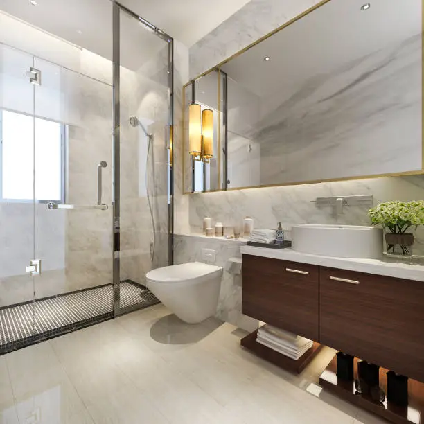 Photo of 3d rendering modern bathroom with luxury tile decor