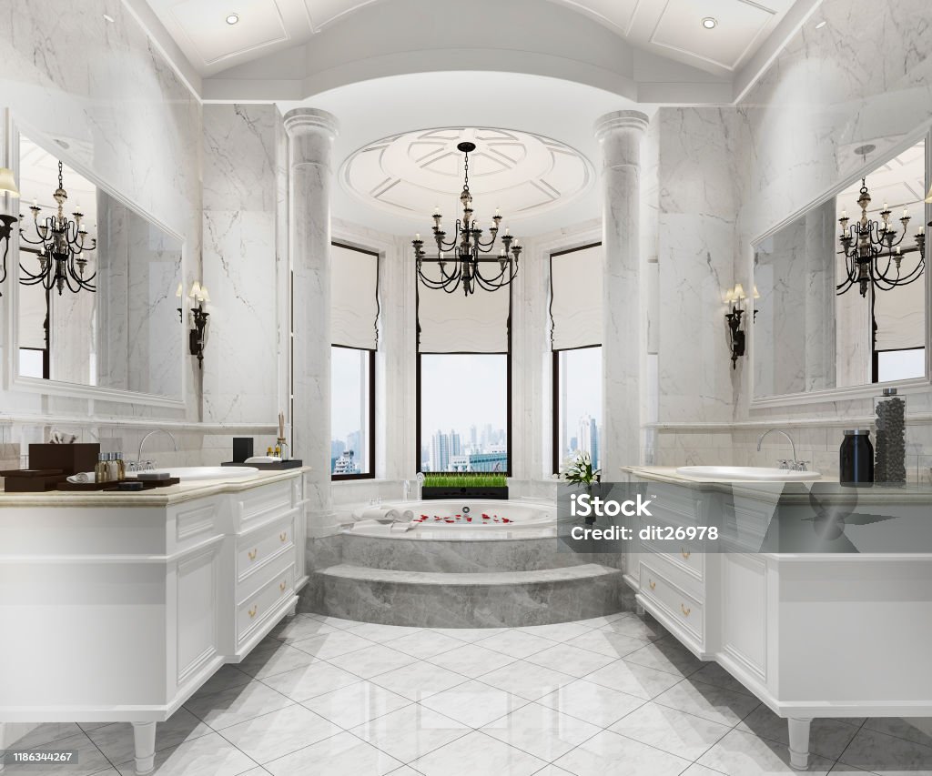 3d rendering classic modern bathroom with luxury tile decor 3d rendering interior and exterior design Bathroom Stock Photo