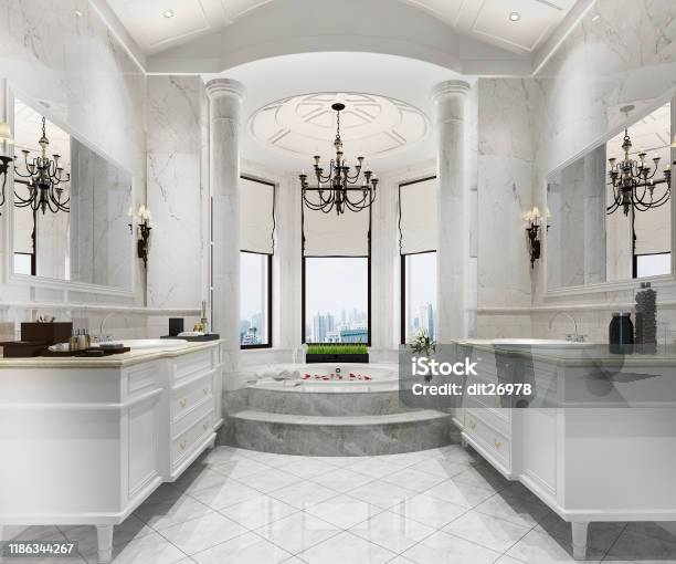3d Rendering Classic Modern Bathroom With Luxury Tile Decor Stock Photo - Download Image Now