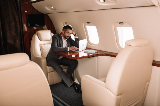 istock selective focus of bearded businessman using laptop in private jet 1186344345