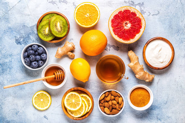 Healthy products for Immunity boosting and cold remedies Healthy products for Immunity boosting and cold remedies, top view. ingredient stock pictures, royalty-free photos & images