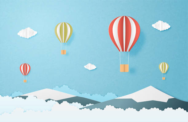 ilustrações de stock, clip art, desenhos animados e ícones de love to travel concept. origami made hot air balloon flying over mountain and clouds in the sky background. vector illustration paper cut style. banner, poster, invitation card. - air nature high up pattern