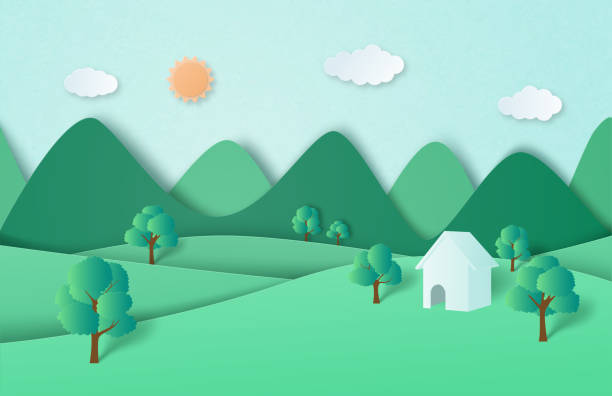 istock Green nature forest and mountain landscape with cottage in paper cut style. 1186345200