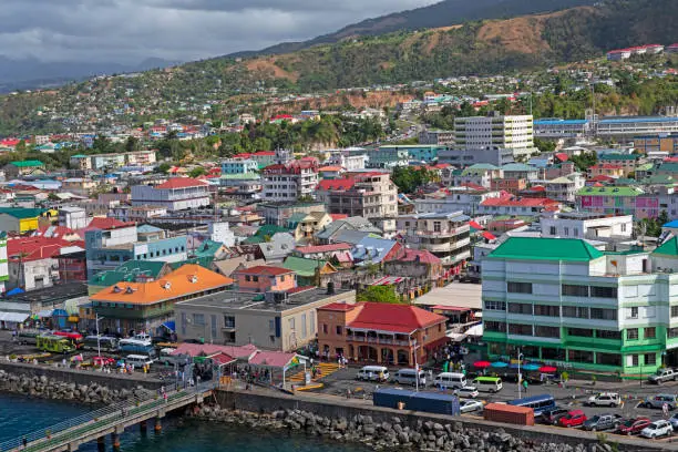 Aerial view of Roseau, capital city of Dominica