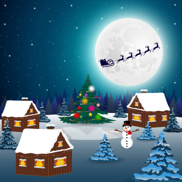 istock Night christmas forest landscape. Santa Claus flies reindeer in 1186350411