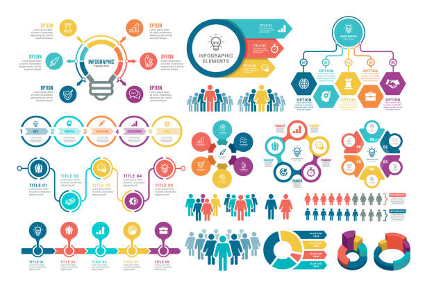 ilustraciones, imágenes clip art, dibujos animados e iconos de stock de conjunto de elementos infográficos - flowchart symbol computer icon icon set