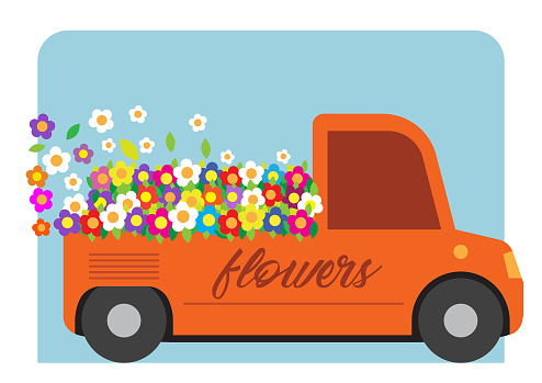 Pickup truck in orange color in flat design style. carrying flowers. Flowers overflowed from the vehicle. Blue sky and clouds