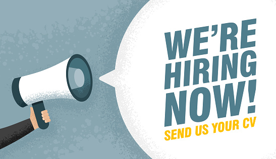 Hand holding Megaphone. Speech sign text we are hiring now. Send us your cv. Vector illustration.
