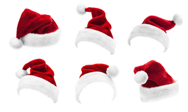 set of red santa claus hats isolated - hat imagens e fotografias de stock