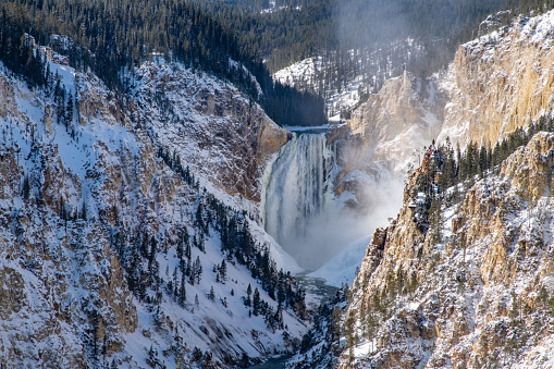 Snow covered canyon walls and Lower Falls in Yellowstone